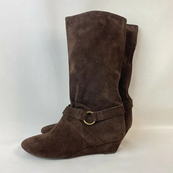 DKNY Women Alina Wedge Mid-Calf Cow Suede Boots Chocolate Brown US10 EU41 - Picture 2 of 6